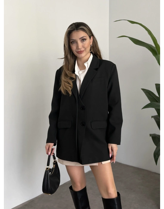 Oversize düğme detaylı blazer ceket siyah