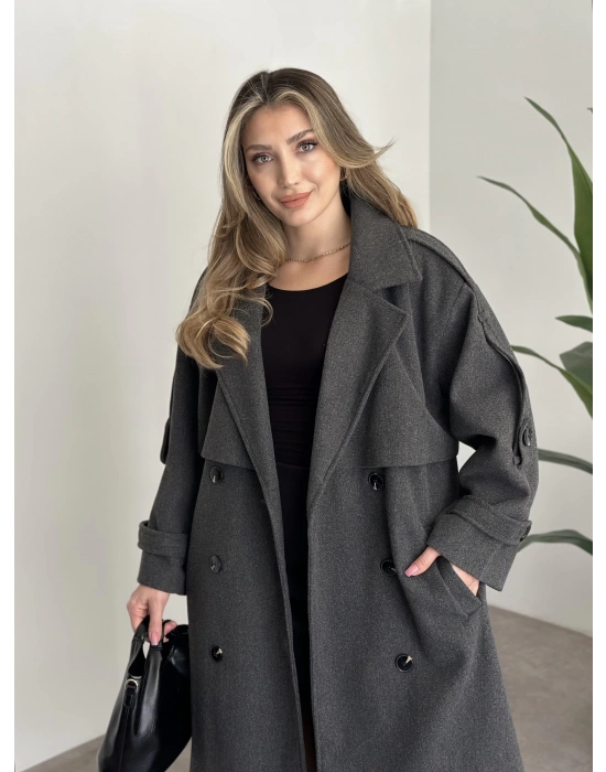 Oversize düğmeli astarlı bağlamalı kaşe kaban antrasit
