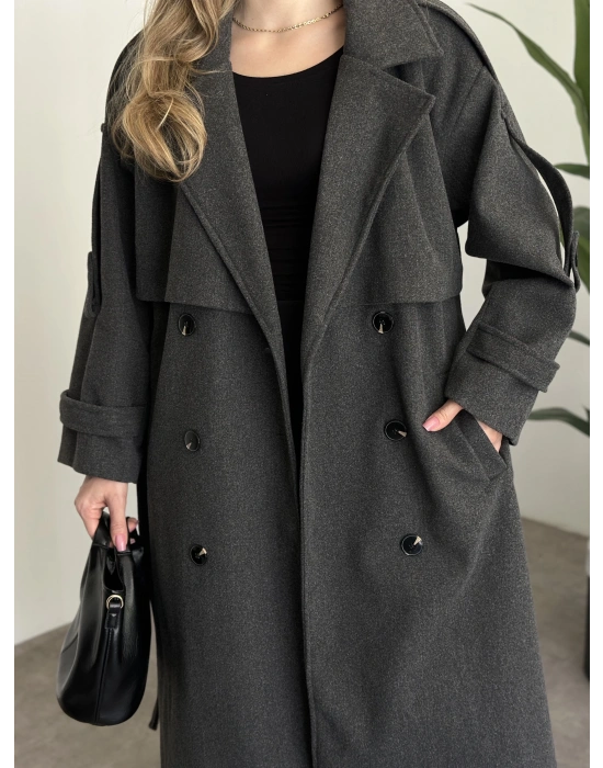 Oversize düğmeli astarlı bağlamalı kaşe kaban antrasit