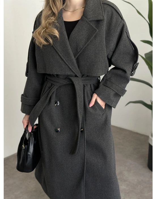 Oversize düğmeli astarlı bağlamalı kaşe kaban antrasit