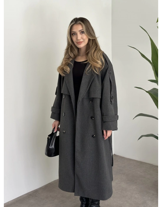Oversize düğmeli astarlı bağlamalı kaşe kaban antrasit