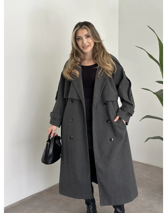 Oversize düğmeli astarlı bağlamalı kaşe kaban antrasit