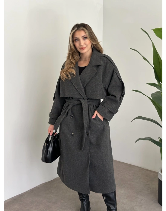 Oversize düğmeli astarlı bağlamalı kaşe kaban antrasit