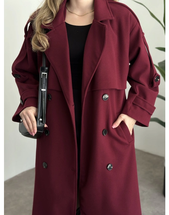 Oversize düğmeli astarlı bağlamalı kaşe kaban bordo