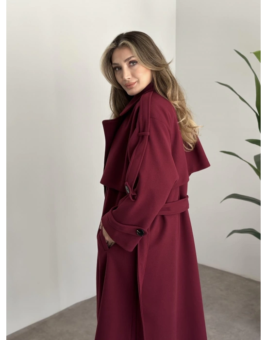 Oversize düğmeli astarlı bağlamalı kaşe kaban bordo