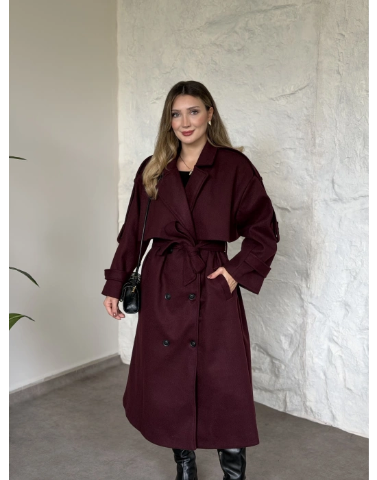 Oversize düğmeli astarlı bağlamalı kaşe kaban bordo