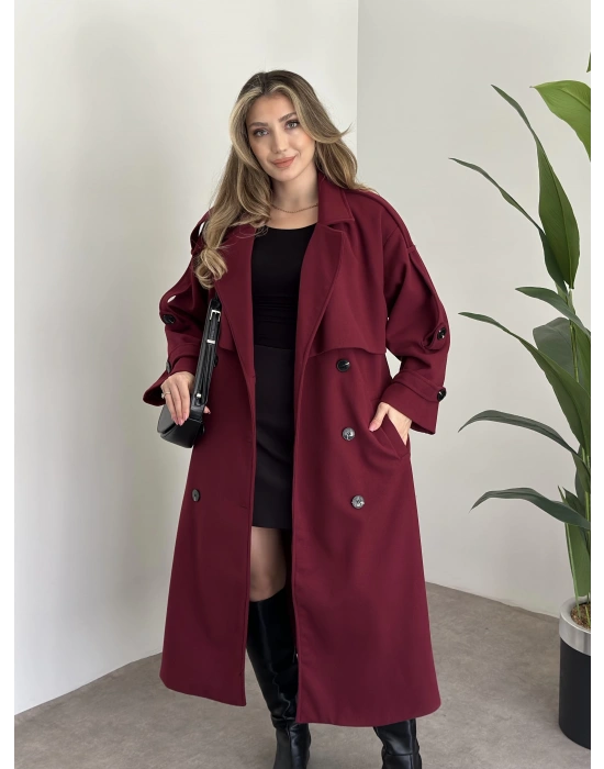 Oversize düğmeli astarlı bağlamalı kaşe kaban bordo