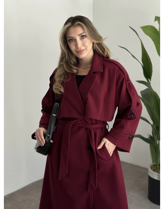 Oversize düğmeli astarlı bağlamalı kaşe kaban bordo