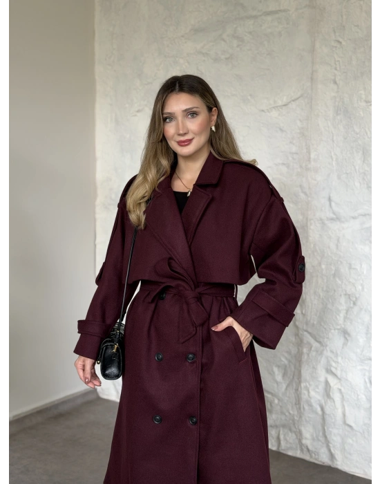 Oversize düğmeli astarlı bağlamalı kaşe kaban bordo
