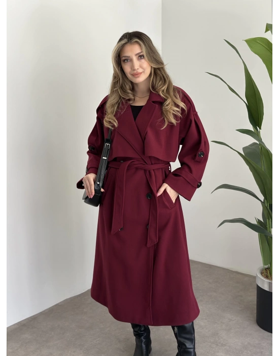 Oversize düğmeli astarlı bağlamalı kaşe kaban bordo