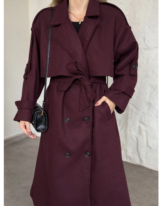 Oversize düğmeli astarlı bağlamalı kaşe kaban bordo