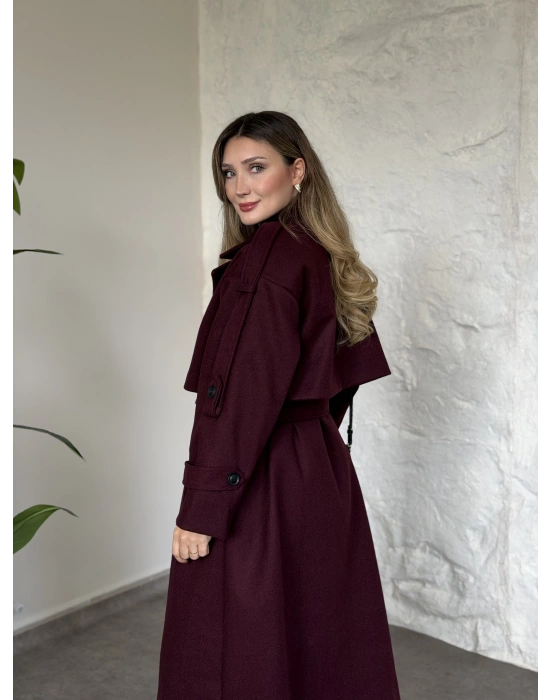 Oversize düğmeli astarlı bağlamalı kaşe kaban bordo