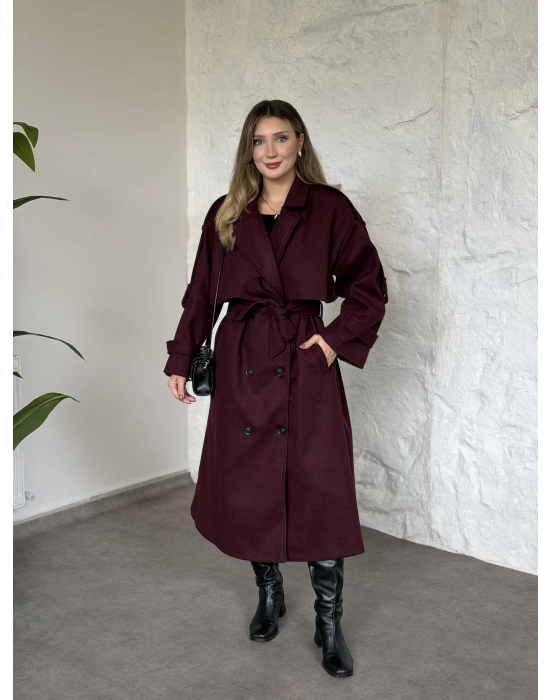 Oversize düğmeli astarlı bağlamalı kaşe kaban bordo