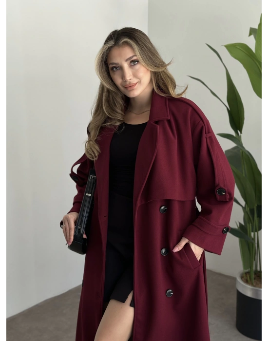 Oversize düğmeli astarlı bağlamalı kaşe kaban bordo