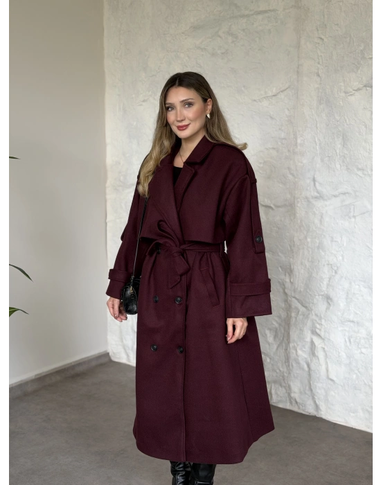 Oversize düğmeli astarlı bağlamalı kaşe kaban bordo