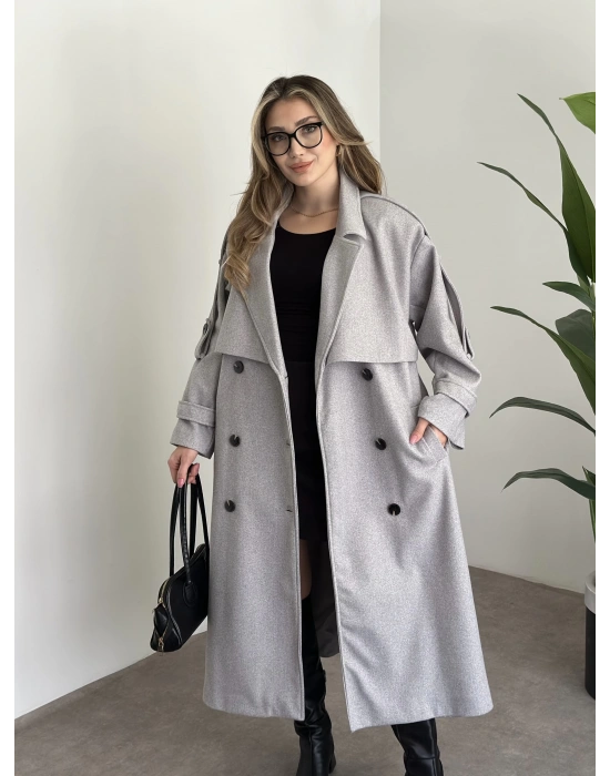 Oversize düğmeli astarlı bağlamalı kaşe kaban gri