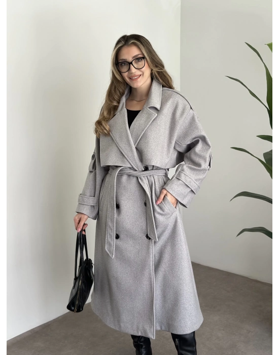 Oversize düğmeli astarlı bağlamalı kaşe kaban gri