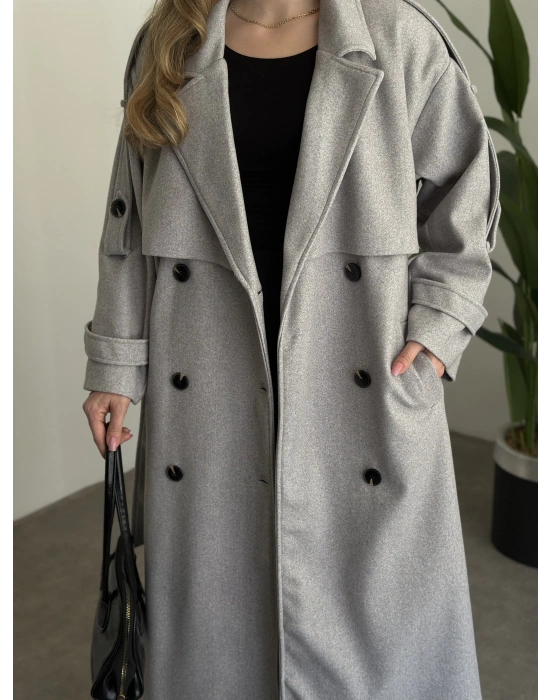 Oversize düğmeli astarlı bağlamalı kaşe kaban gri