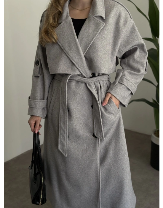 Oversize düğmeli astarlı bağlamalı kaşe kaban gri
