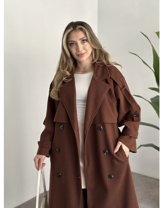 Oversize düğmeli astarlı bağlamalı kaşe kaban kahve