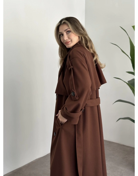 Oversize düğmeli astarlı bağlamalı kaşe kaban kahve