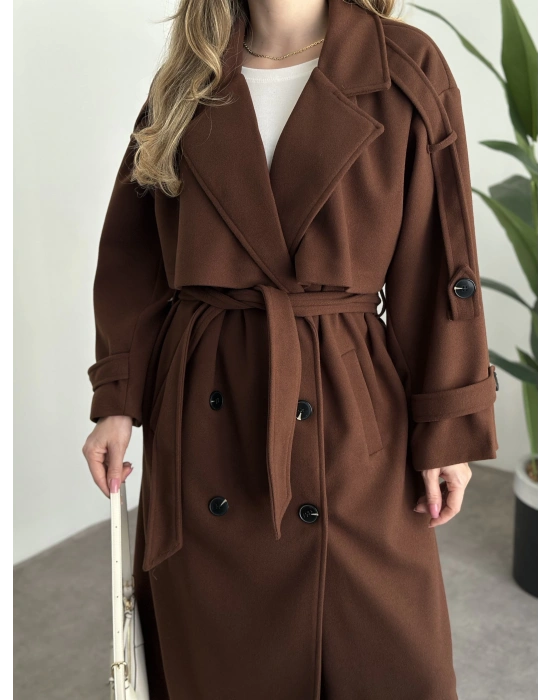 Oversize düğmeli astarlı bağlamalı kaşe kaban kahve