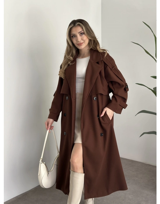 Oversize düğmeli astarlı bağlamalı kaşe kaban kahve