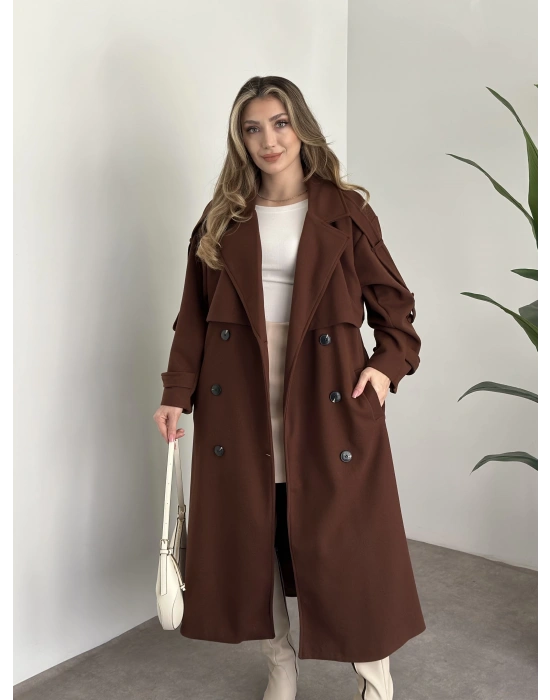 Oversize düğmeli astarlı bağlamalı kaşe kaban kahve