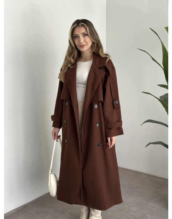 Oversize düğmeli astarlı bağlamalı kaşe kaban kahve