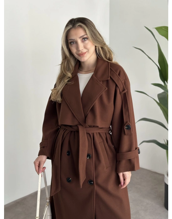 Oversize düğmeli astarlı bağlamalı kaşe kaban kahve