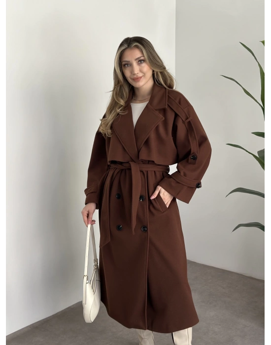 Oversize düğmeli astarlı bağlamalı kaşe kaban kahve