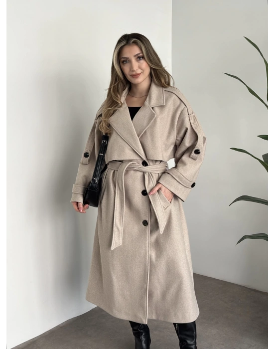 Oversize düğmeli astarlı bağlamalı kaşe kaban krem