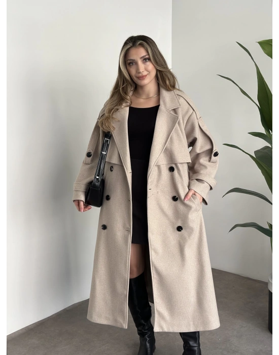 Oversize düğmeli astarlı bağlamalı kaşe kaban krem