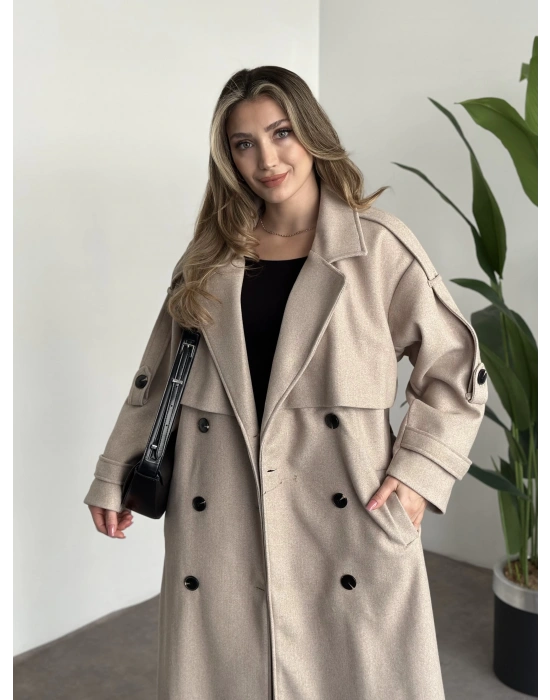 Oversize düğmeli astarlı bağlamalı kaşe kaban krem