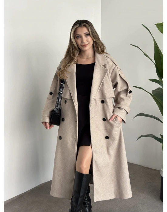 Oversize düğmeli astarlı bağlamalı kaşe kaban krem