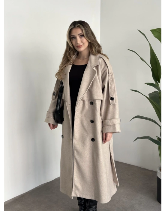 Oversize düğmeli astarlı bağlamalı kaşe kaban krem