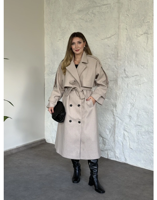 Oversize düğmeli astarlı bağlamalı kaşe kaban krem