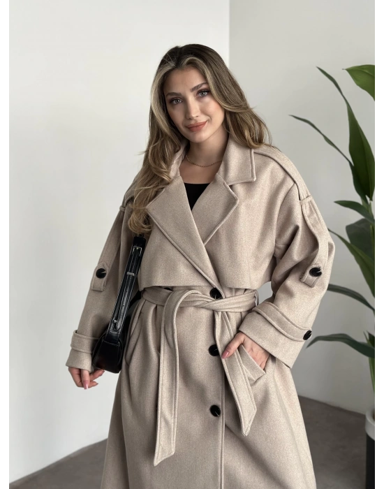 Oversize düğmeli astarlı bağlamalı kaşe kaban krem