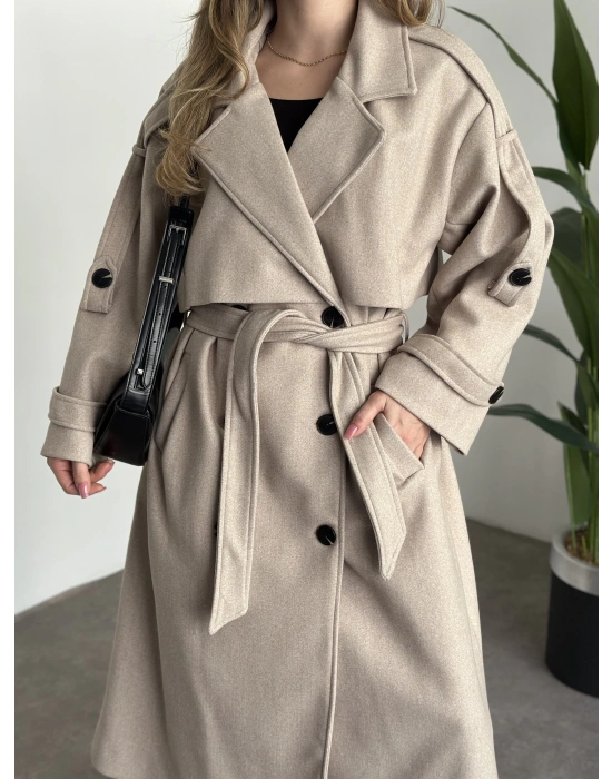 Oversize düğmeli astarlı bağlamalı kaşe kaban krem