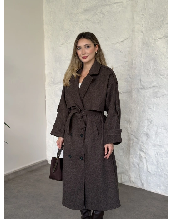 Oversize düğmeli astarlı bağlamalı kaşe kaban melanjlı kahve