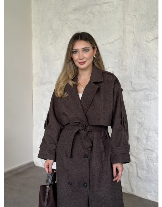 Oversize düğmeli astarlı bağlamalı kaşe kaban melanjlı kahve