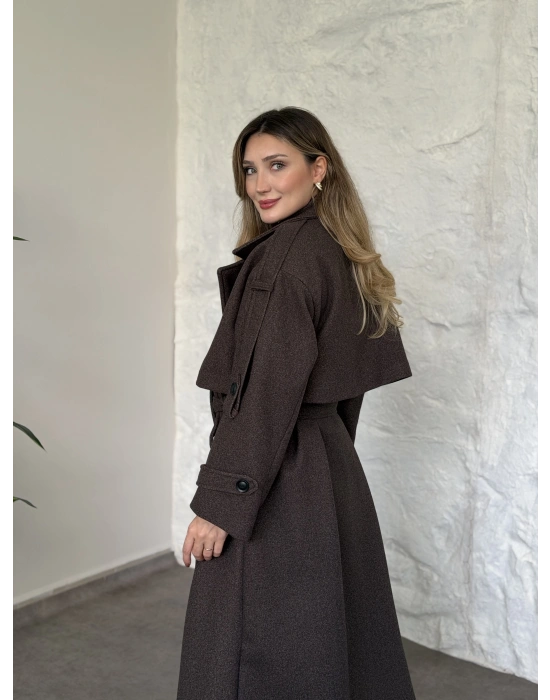 Oversize düğmeli astarlı bağlamalı kaşe kaban melanjlı kahve
