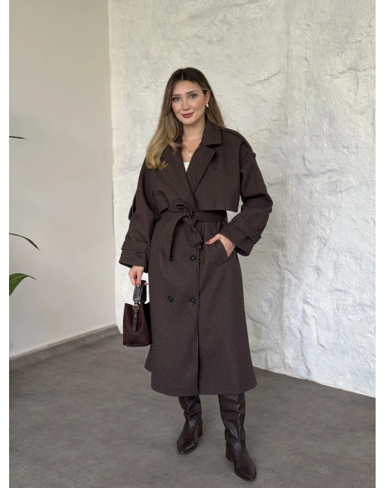 Oversize düğmeli astarlı bağlamalı kaşe kaban melanjlı kahve