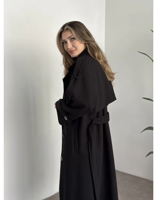 Oversize düğmeli astarlı bağlamalı kaşe kaban siyah