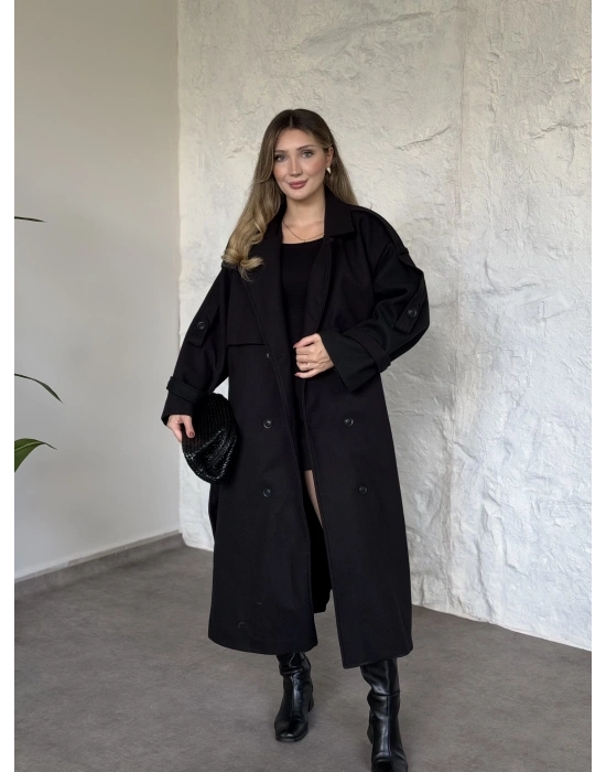 Oversize düğmeli astarlı bağlamalı kaşe kaban siyah