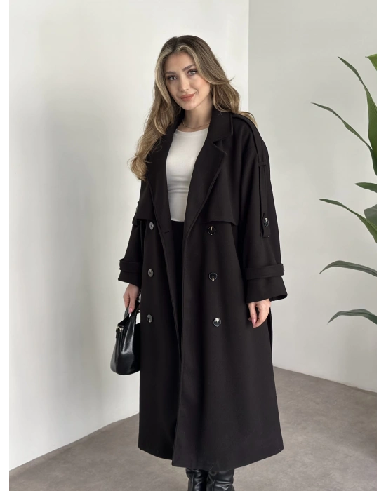 Oversize düğmeli astarlı bağlamalı kaşe kaban siyah