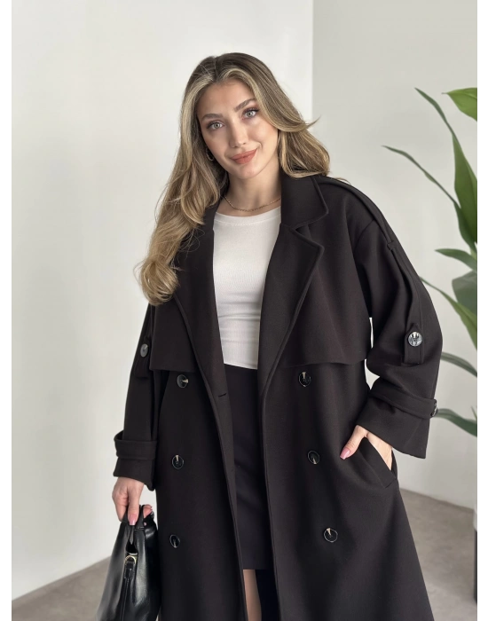 Oversize düğmeli astarlı bağlamalı kaşe kaban siyah