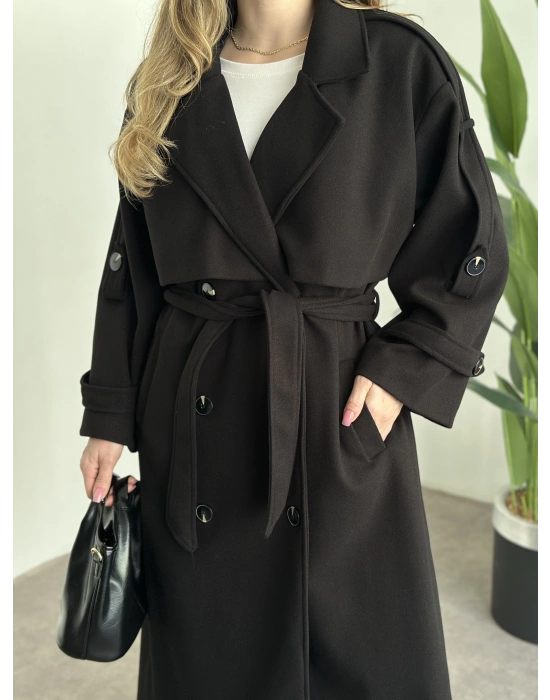 Oversize düğmeli astarlı bağlamalı kaşe kaban siyah