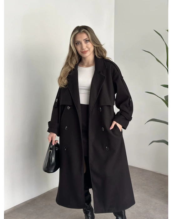 Oversize düğmeli astarlı bağlamalı kaşe kaban siyah