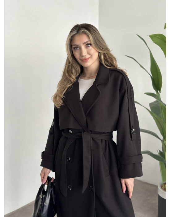 Oversize düğmeli astarlı bağlamalı kaşe kaban siyah